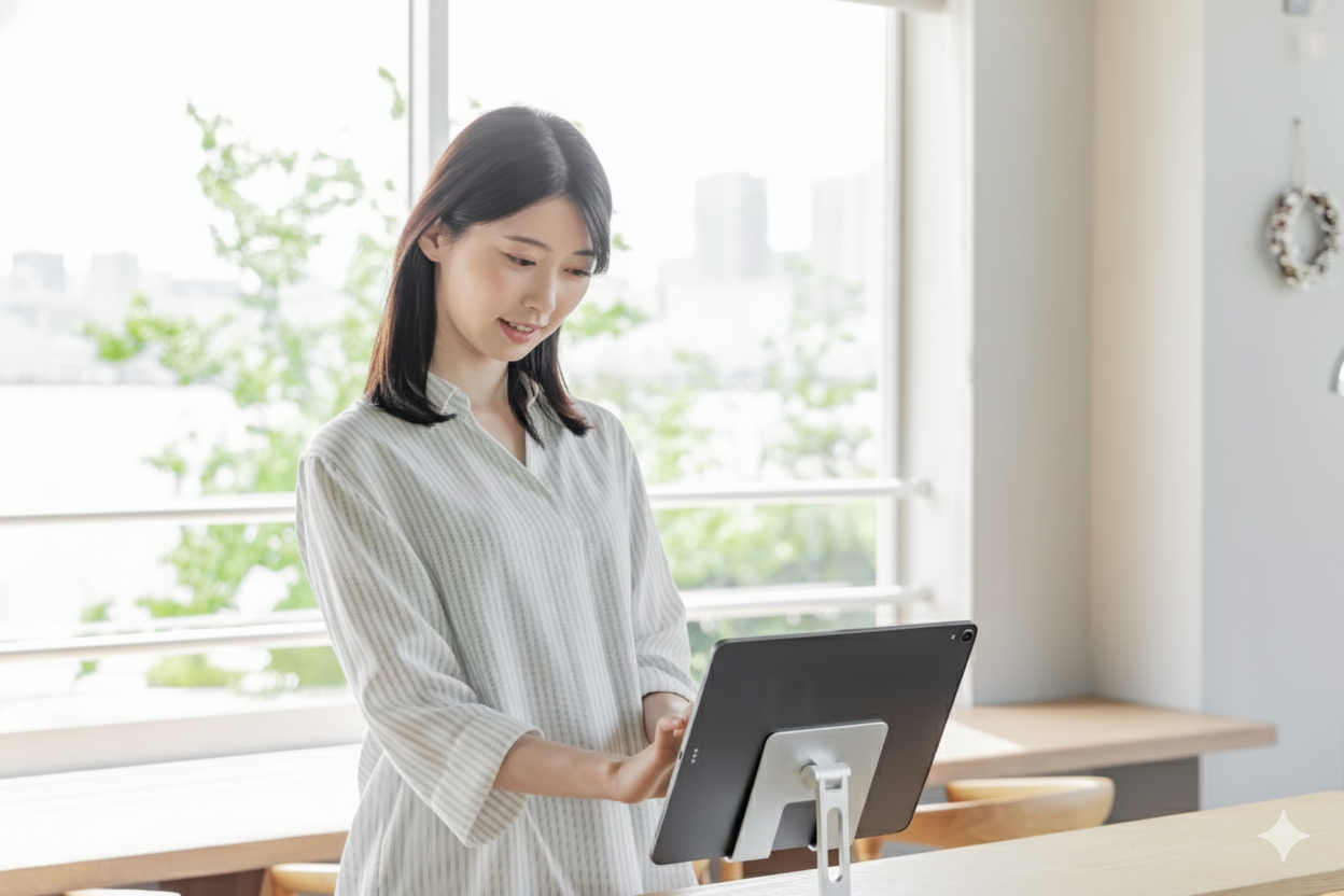 Woman using a tablet for facial recognition